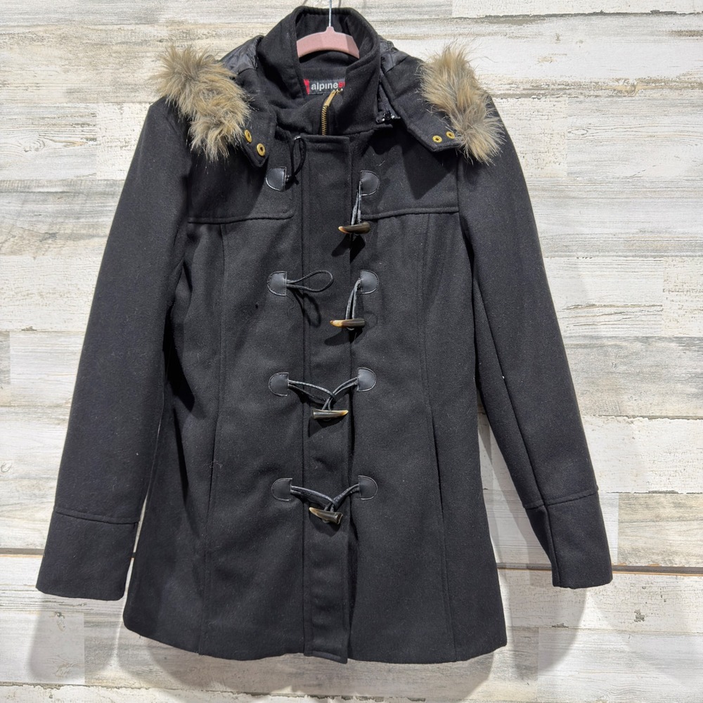 Alpine Swiss Duffle Coat Women Small Black Faux Fur Hood Toggle Wool Blend EUC